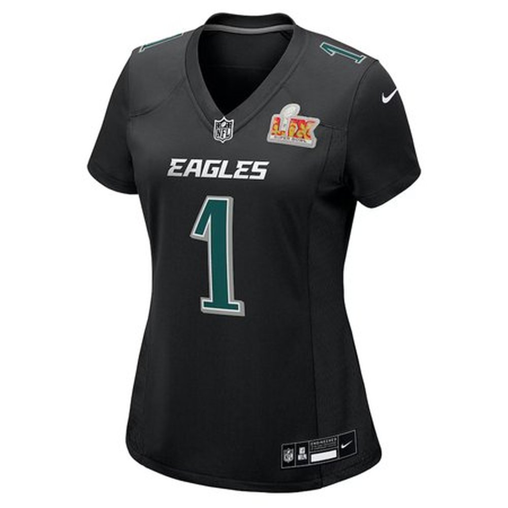 Women's Philadelphia Eagles #1 Jalen Hurts Carbon Black Super Bowl LIX Fashion Game Player Jersey Women's Philadelphia Eagles #1 Jalen Hurts Carbon Black Super Bowl LIX Fashion Game Player Jersey