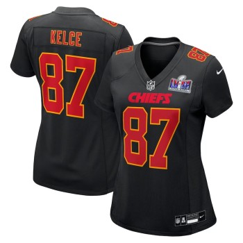 Women's Kansas City Chiefs #87 Travis Kelce Black Super Bowl LVIII Carbon Fashion Game Player Jersey Women's Kansas City Chiefs #87 Travis Kelce Black Super Bowl LVIII Carbon Fashion Game Player Jersey