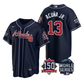 Women's Atlanta Braves #13 Ronald Acuna Jr 2021 Navy World Series Champions With 150th Anniversary Patch Cool Base Stitched Jersey(Run Small) Women's Atlanta Braves #13 Ronald Acuna Jr 2021 Navy World Series Champions With 150th Anniversary Patch Cool Base Stitched Jersey(Run Small)