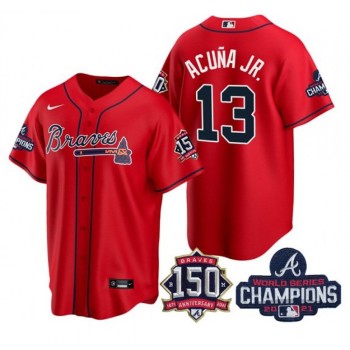 Women's Atlanta Braves #13 Ronald Acuna Jr 2021 Red World Series Champions With 150th Anniversary Patch Cool Base Stitched Jersey(Run Small) Women's Atlanta Braves #13 Ronald Acuna Jr 2021 Red World Series Champions With 150th Anniversary Patch Cool Base Stitched Jersey(Run Small)