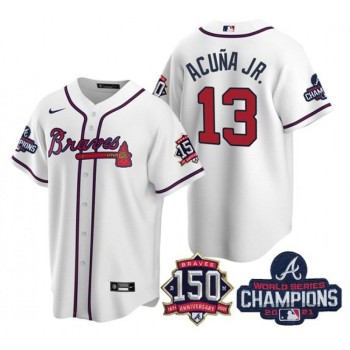 Women's Atlanta Braves #13 Ronald Acuna Jr 2021 White World Series Champions With 150th Anniversary Patch Cool Base Stitched Jersey(Run Small) Women's Atlanta Braves #13 Ronald Acuna Jr 2021 White World Series Champions With 150th Anniversary Patch Cool Base Stitched Jersey(Run Small)