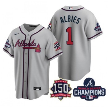Women's Atlanta Braves #1 Ozzie Albies 2021 Grey World Series Champions With 150th Anniversary Patch Cool Base Stitched Jersey(Run Small) Women's Atlanta Braves #1 Ozzie Albies 2021 Grey World Series Champions With 150th Anniversary Patch Cool Base Stitched Jersey(Run Small)