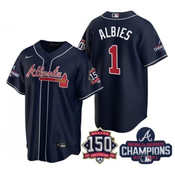 Women's Atlanta Braves #1 Ozzie Albies Navy World Series Champions With 150th Anniversary Patch Cool Base Stitched Jersey(Run Small) Women's Atlanta Braves #1 Ozzie Albies Navy World Series Champions With 150th Anniversary Patch Cool Base Stitched Jersey(Run Small)