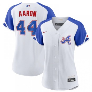 Women's Atlanta Braves #44 Hank Aaron White 2023 City Connect Stitched Baseball Jersey(Run Small) Women's Atlanta Braves #44 Hank Aaron White 2023 City Connect Stitched Baseball Jersey(Run Small)