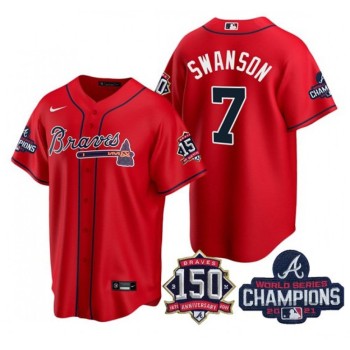 Women's Atlanta Braves #7 Dansby Swanson 2021 Red World Series Champions With 150th Anniversary Patch Cool Base Stitched Jersey(Run Small) Women's Atlanta Braves #7 Dansby Swanson 2021 Red World Series Champions With 150th Anniversary Patch Cool Base Stitched Jersey(Run Small)