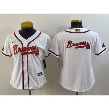 Women's Atlanta Braves Team Big Logo 2022 White Gold World Series Champions Program Stitched Jersey(Run Small) Women's Atlanta Braves Team Big Logo 2022 White Gold World Series Champions Program Stitched Jersey(Run Small)