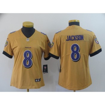 Women's Baltimore Ravens #8 Lamar Jackson Gold Inverted Legend Stitched NFL Jersey(Run Small) Women's Baltimore Ravens #8 Lamar Jackson Gold Inverted Legend Stitched NFL Jersey(Run Small)