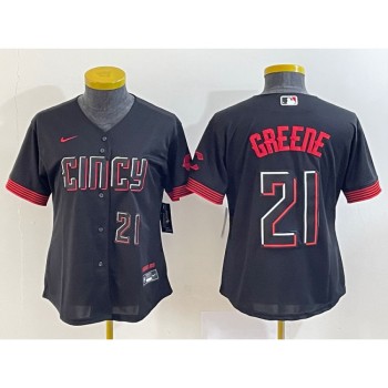 Women's Cincinnati Reds #21 Hunter Greene Black 2023 City Connect With Patch Stitched Baseball Jersey(Run Small) Women's Cincinnati Reds #21 Hunter Greene Black 2023 City Connect With Patch Stitched Baseball Jersey(Run Small)