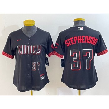 Women's Cincinnati Reds #37 Tyler Stephenson Black 2023 City Connect With Patch Stitched Baseball Jersey(Run Small) Women's Cincinnati Reds #37 Tyler Stephenson Black 2023 City Connect With Patch Stitched Baseball Jersey(Run Small)