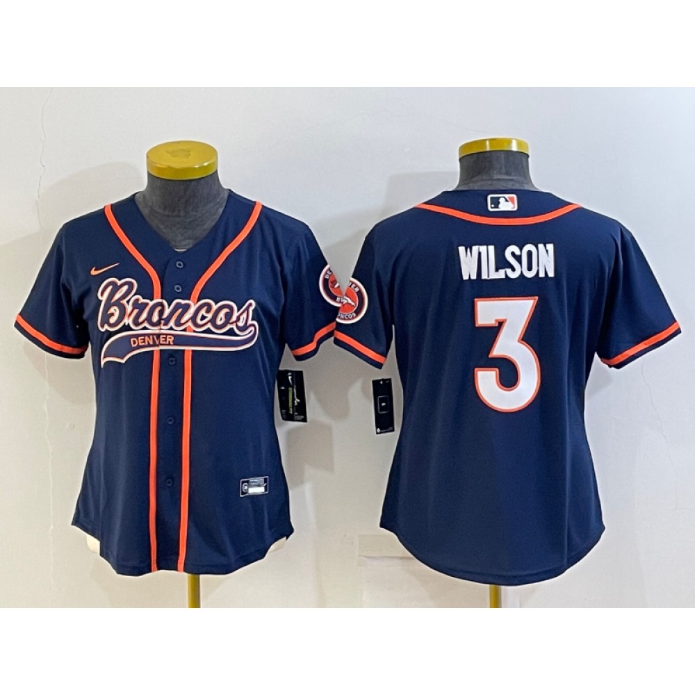 Women's Denver Broncos #3 Russell Wilson Navy With Patch Cool Base Stitched Baseball Jersey(Run Small)