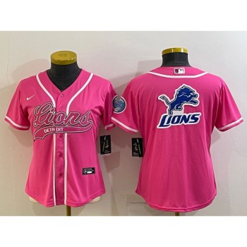 Women's Detroit Lions Pink Team Big Logo With Patch Cool Base Stitched Baseball Jersey(Run Small) Women's Detroit Lions Pink Team Big Logo With Patch Cool Base Stitched Baseball Jersey(Run Small)