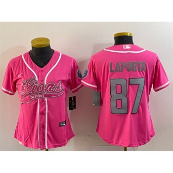 Women's Detroit Lions #87 Sam LaPorta Pink With Patch Cool Base Stitched Baseball Jersey(Run Small) Women's Detroit Lions #87 Sam LaPorta Pink With Patch Cool Base Stitched Baseball Jersey(Run Small)