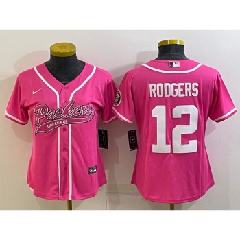 Women's Green Bay Packers #12 Aaron Rodgers Pink With Patch Cool Base Stitched Baseball Jersey(Run Small) Women's Green Bay Packers #12 Aaron Rodgers Pink With Patch Cool Base Stitched Baseball Jersey(Run Small)