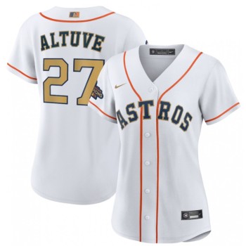 Women's Houston Astros #27 Jose Altuve White 2023 Gold Collection With World Serise Champions Patch Stitched Jersey(Run Small) Women's Houston Astros #27 Jose Altuve White 2023 Gold Collection With World Serise Champions Patch Stitched Jersey(Run Small)