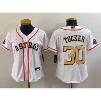 Women's Houston Astros #30 Kyle Tucker White 2023 Gold Collection With World Serise Champions Patch Stitched Jersey(Run Small) Women's Houston Astros #30 Kyle Tucker White 2023 Gold Collection With World Serise Champions Patch Stitched Jersey(Run Small)