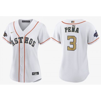 Women's Houston Astros #3 Jeremy Pena White 2023 Gold Collection With World Serise Champions Patch Stitched Jersey(Run Small) Women's Houston Astros #3 Jeremy Pena White 2023 Gold Collection With World Serise Champions Patch Stitched Jersey(Run Small)
