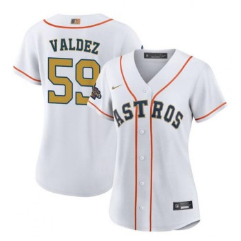 Women's Houston Astros #59 Framber Valdez White/Gold Stitched Baseball Jersey(Run Small) Women's Houston Astros #59 Framber Valdez White/Gold Stitched Baseball Jersey(Run Small)