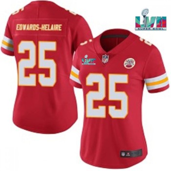 Women's Kansas City Chiefs #25 Clyde Edwards-Helaire Red Super Bowl LVII Patch Vapor Stitched Jersey(Run Small) Women's Kansas City Chiefs #25 Clyde Edwards-Helaire Red Super Bowl LVII Patch Vapor Stitched Jersey(Run Small)