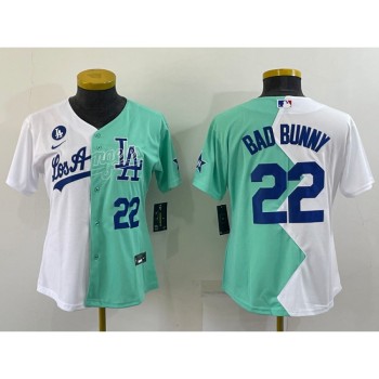 Women's Los Angeles Dodgers #22 Bad Bunny 2022 All-Star White/Green Split Stitched Baseball Jersey(Run Small)