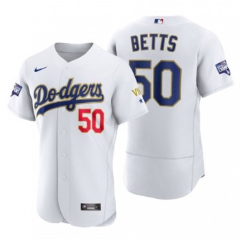 Women's Los Angeles Dodgers #50 Mookie Betts White Gold Championship Stitched MLB Jersey(Run Small) Women's Los Angeles Dodgers #50 Mookie Betts White Gold Championship Stitched MLB Jersey(Run Small)