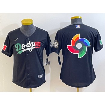 Women's Los Angeles Dodgers Black Team Big Logo Stitched Jersey(Run Small) Women's Los Angeles Dodgers Black Team Big Logo Stitched Jersey(Run Small)