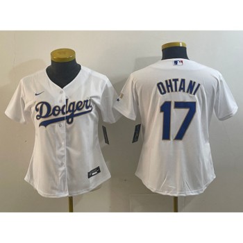 Women's Los Angeles Dodgers #17 Shohei Ohtani White/Gold Stitched Jersey(Run Small) Women's Los Angeles Dodgers #17 Shohei Ohtani White/Gold Stitched Jersey(Run Small)
