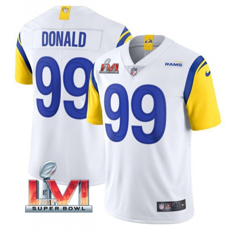 Women's Los Angeles Rams #99 Aaron Donald 2022 White Super Bowl LVI Vapor Limited Stitched Jersey(Run Small) Women's Los Angeles Rams #99 Aaron Donald 2022 White Super Bowl LVI Vapor Limited Stitched Jersey(Run Small)
