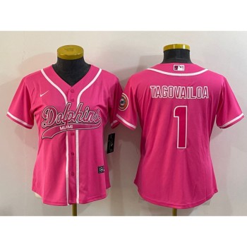 Women's Miami Dolphins #1 Tua Tagovailoa Pink With Patch Cool Base Stitched Baseball Jersey(Run Small)