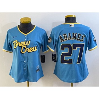 Women's Milwaukee Brewers #27 Willy Adames 2022 Powder Blue City Connect Cool Base Stitched Jersey(Run Small) Women's Milwaukee Brewers #27 Willy Adames 2022 Powder Blue City Connect Cool Base Stitched Jersey(Run Small)