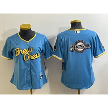 Women's Milwaukee Brewers Powder Blue Team Big Logo City Connect Stitched Jersey(Run Small) Women's Milwaukee Brewers Powder Blue Team Big Logo City Connect Stitched Jersey(Run Small)