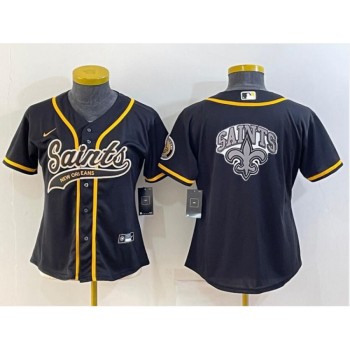 Women's New Orleans Saints Black Team Big Logo With Patch Cool Base Stitched Baseball Jersey(Run Small) Women's New Orleans Saints Black Team Big Logo With Patch Cool Base Stitched Baseball Jersey(Run Small)