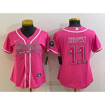 Women's Philadelphia Eagles #11 A. J. Brown Pink With Patch Cool Base Stitched Baseball Jersey(Run Small) Women's Philadelphia Eagles #11 A. J. Brown Pink With Patch Cool Base Stitched Baseball Jersey(Run Small)