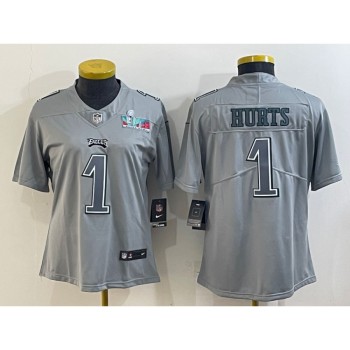 Women's Philadelphia Eagles #1 Jalen Hurts Gray Super Bowl LVII Patch Atmosphere Fashion Stitched Jersey(Run Small) Women's Philadelphia Eagles #1 Jalen Hurts Gray Super Bowl LVII Patch Atmosphere Fashion Stitched Jersey(Run Small)