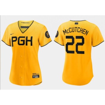 Women's Pittsburgh Pirates #22 Andrew McCutchen Gold 2023 City Connect Stitched Jersey Women's Pittsburgh Pirates #22 Andrew McCutchen Gold 2023 City Connect Stitched Jersey