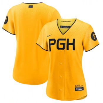 Women's Pittsburgh Pirates Blank Gold 2023 City Connect Stitched Jersey Women's Pittsburgh Pirates Blank Gold 2023 City Connect Stitched Jersey