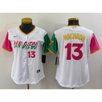 Women's San Diego Padres #13 Manny Machado 2022 White City Connect Cool Base Stitched Baseball Jersey(Run Small) Women's San Diego Padres #13 Manny Machado 2022 White City Connect Cool Base Stitched Baseball Jersey(Run Small)