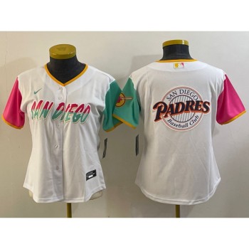 Women's San Diego Padres White Team Big Logo City Connect Stitched Baseball Jersey(Run Small) Women's San Diego Padres White Team Big Logo City Connect Stitched Baseball Jersey(Run Small)