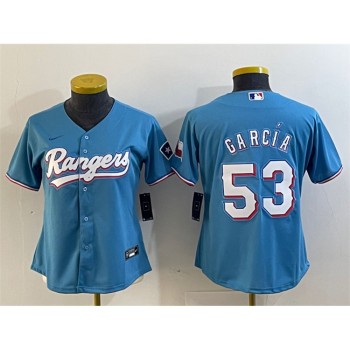 Women's Texas Rangers #53 Adolis Garcia Blue With Patch Stitched Baseball Jersey(Run Small) Women's Texas Rangers #53 Adolis Garcia Blue With Patch Stitched Baseball Jersey(Run Small)