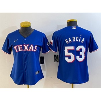 Women's Texas Rangers #53 Adolis Garcia Royal With Patch Stitched Baseball Jersey(Run Small) Women's Texas Rangers #53 Adolis Garcia Royal With Patch Stitched Baseball Jersey(Run Small)
