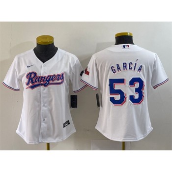 Women's Texas Rangers #53 Adolis Garcia White With Patch Stitched Baseball Jersey(Run Small) Women's Texas Rangers #53 Adolis Garcia White With Patch Stitched Baseball Jersey(Run Small)
