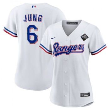Women's Texas Rangers #6 Josh Jung White 2023 World Series Stitched Baseball Jersey(Run Small) Women's Texas Rangers #6 Josh Jung White 2023 World Series Stitched Baseball Jersey(Run Small)