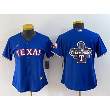 Women's Texas Rangers Royal 2023 World Series Champions Big Logo With Patch Stitched Baseball Jersey(Run Small) Women's Texas Rangers Royal 2023 World Series Champions Big Logo With Patch Stitched Baseball Jersey(Run Small)