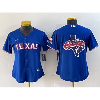 Women's Texas Rangers Royal 2023 World Series Champions Big Logo With Patch Stitched Baseball Jersey(Run Small) Women's Texas Rangers Royal 2023 World Series Champions Big Logo With Patch Stitched Baseball Jersey(Run Small)