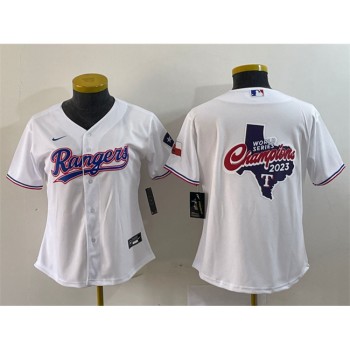 Women's Texas Rangers White 2023 World Series Champions Big Logo With Patch Stitched Baseball Jersey(Run Small) Women's Texas Rangers White 2023 World Series Champions Big Logo With Patch Stitched Baseball Jersey(Run Small)