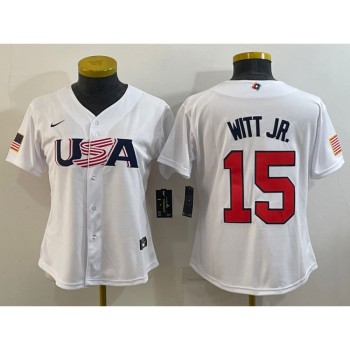 Women's USA Baseball #15 Bobby Witt Jr. 2023 White World Baseball Classic Stitched Jersey(Run Small)