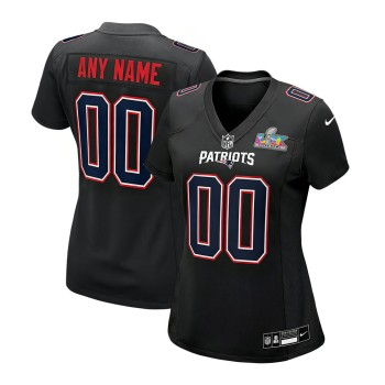 Women's New England Patriots Custom Black Super Bowl LX Patch Carbon Fashion Game Jersey