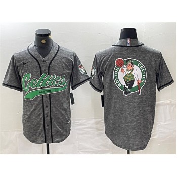 Men's Boston Celtics Gray Team Big Logo With Patch Stitched Baseball Jersey Men's Boston Celtics Gray Team Big Logo With Patch Stitched Baseball Jersey