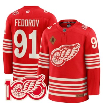 Youth Detroit Red Wings #91 Sergei Fedorov Red 2025 Centennial Premium With 100 and P Patch And A Patch Stitched Hockey Jersey