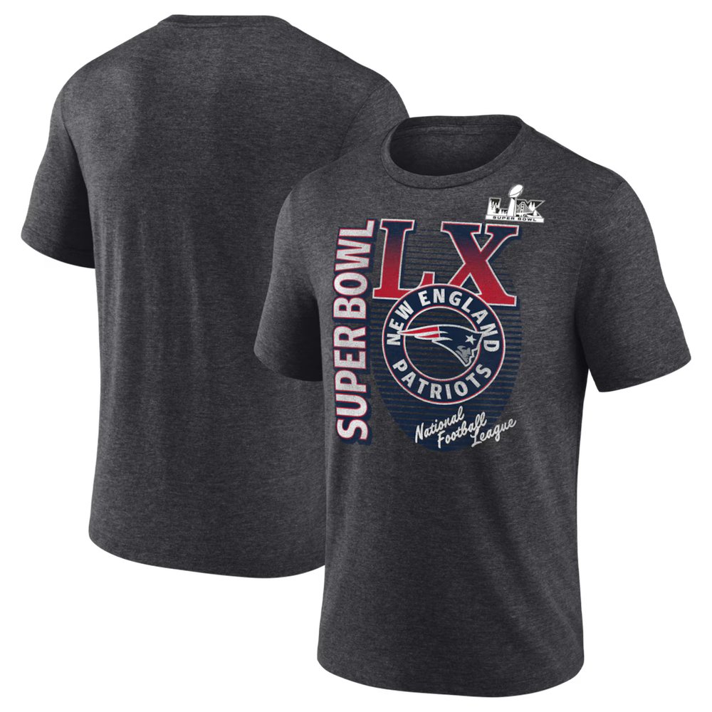 Men's New England Patriots Charcoal Super Bowl LX Retro Tri-Blend T-Shirt Men's New England Patriots Charcoal Super Bowl LX Retro Tri-Blend T-Shirt