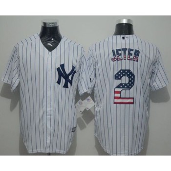 Yankees #2 Derek Jeter White Strip USA Flag Fashion Stitched MLB Jersey Yankees #2 Derek Jeter White Strip USA Flag Fashion Stitched MLB Jersey